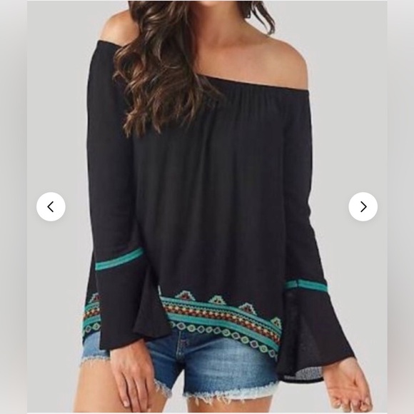 NWT Wrangler Retro Off Shoulder Bell Sleeve Embroidered Peasant Blouse Women’s M - Picture 1 of 6